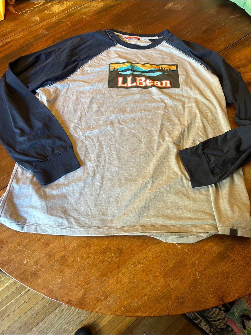 L.L. Bean Men's Raglan Logo Long-Sleeve Tee in Light Gray and Navy